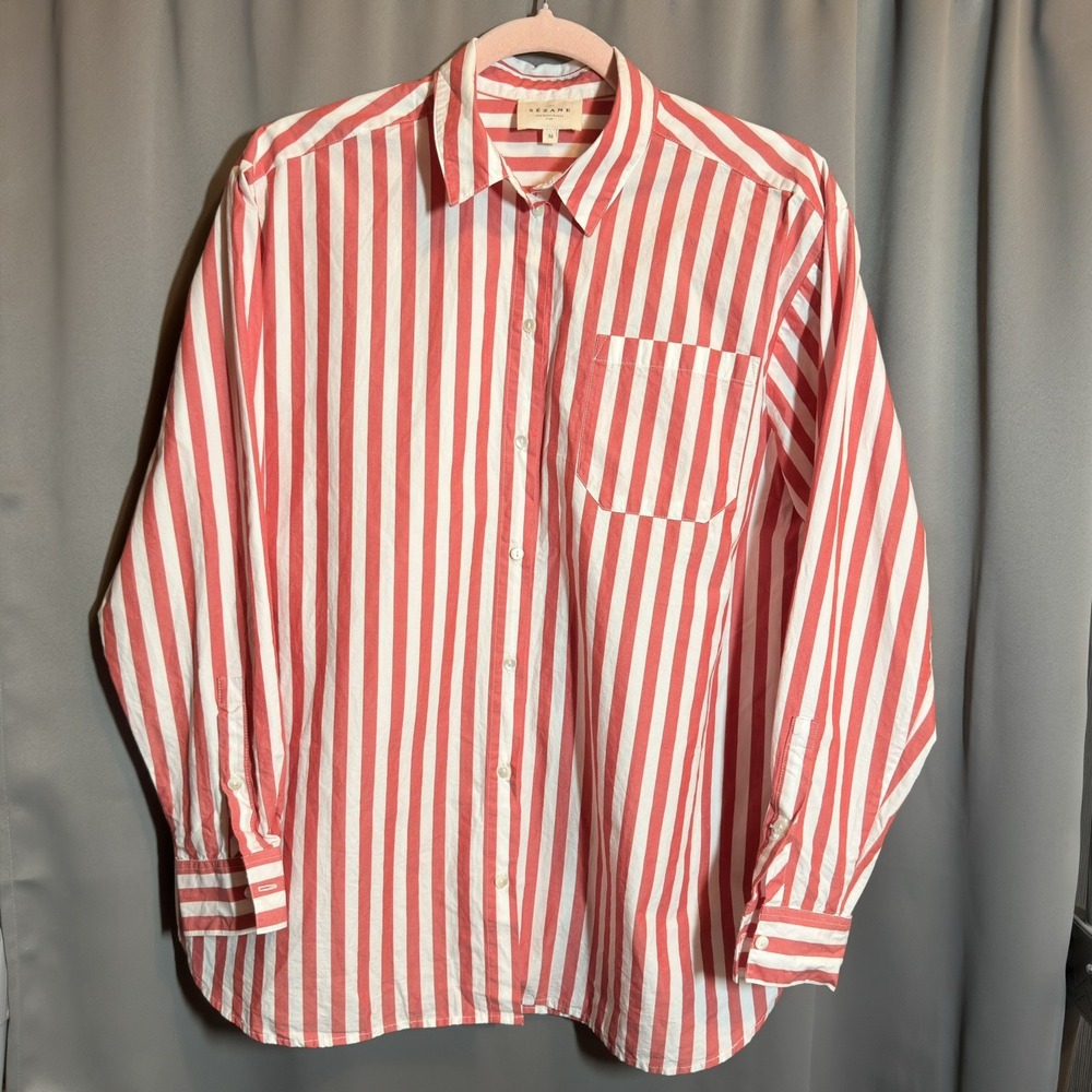 Sézane Max Shirt Ecru Red Stripes Organic Cotton Long Sleeve Women's Sz 36